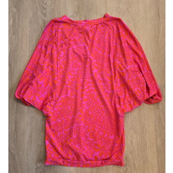 Trina Turk Pink Orange V-Neck Print Tunic Top Sz M Boho Resort Chic Blouse - Picture 2 of 6